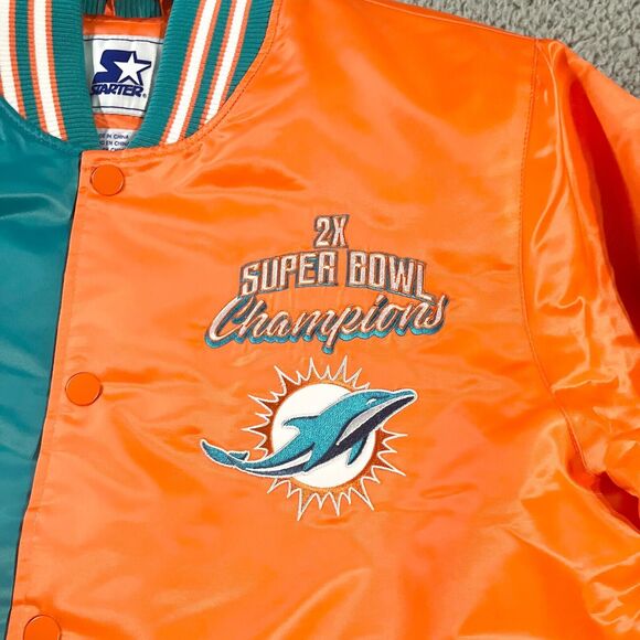 Starter Miami Dolphin Jacket Mens Large Orange Blue Varsity Bomber Super Bowl - Picture 4 of 12